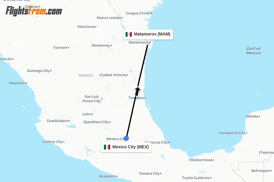 Flights from Mexico City to Matamoros route map