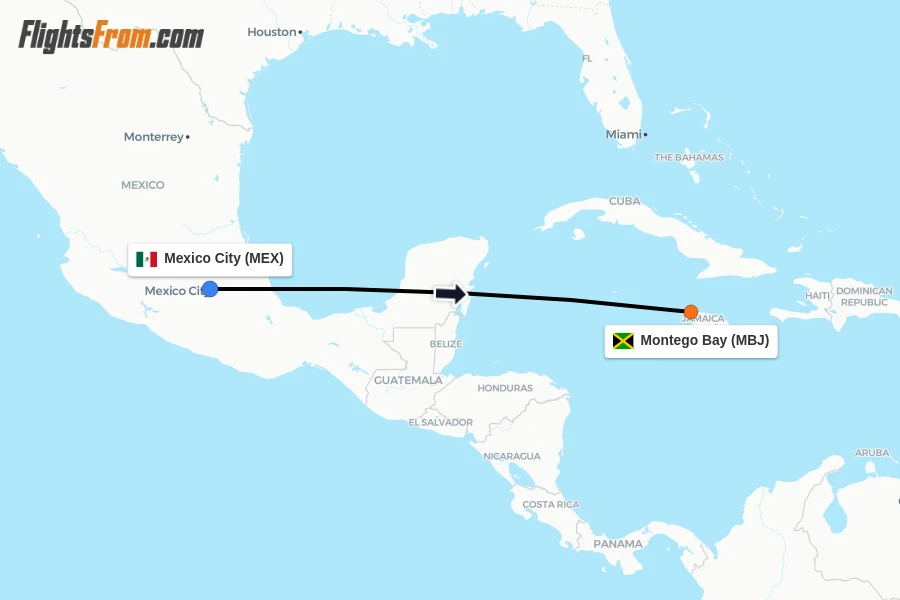 Flights from Mexico City to Montego Bay route map