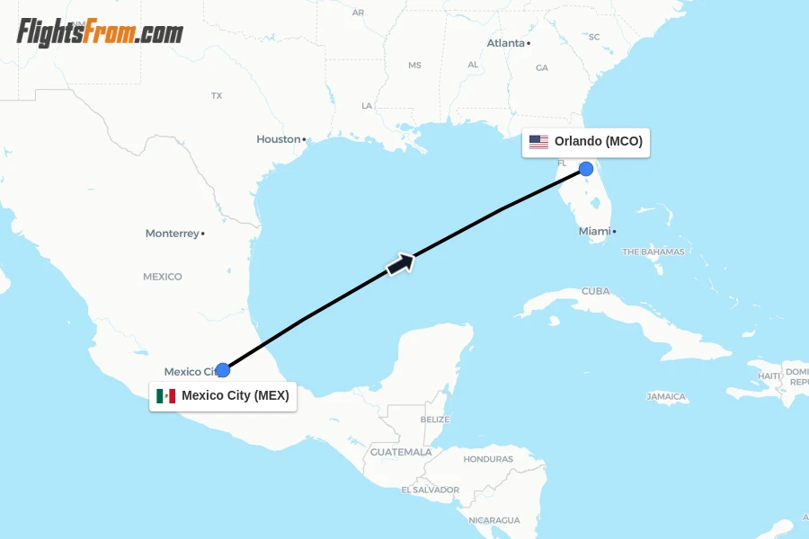 Flights from Mexico City to Orlando route map