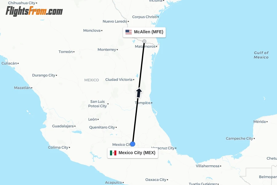 Flights from Mexico City to McAllen route map