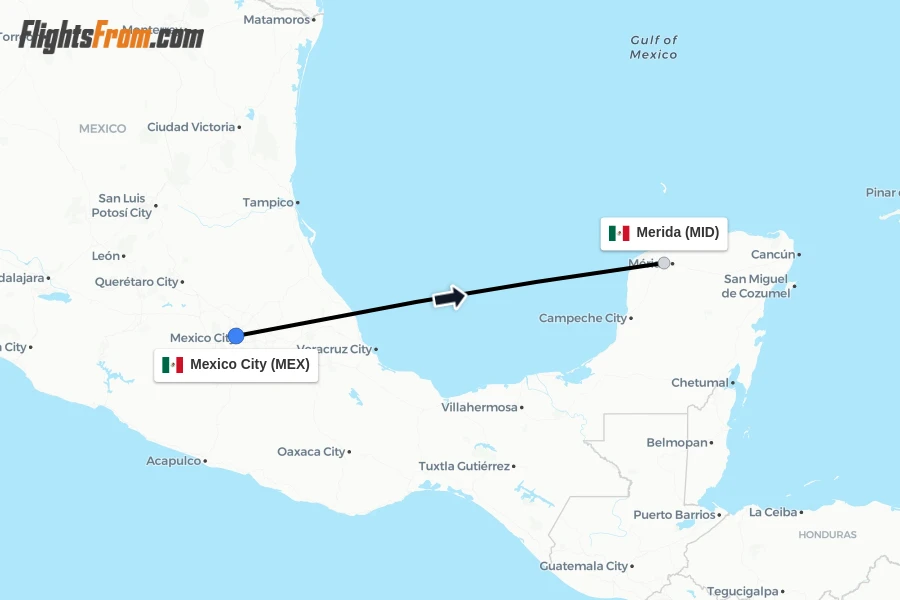 Flights from Mexico City to Merida route map