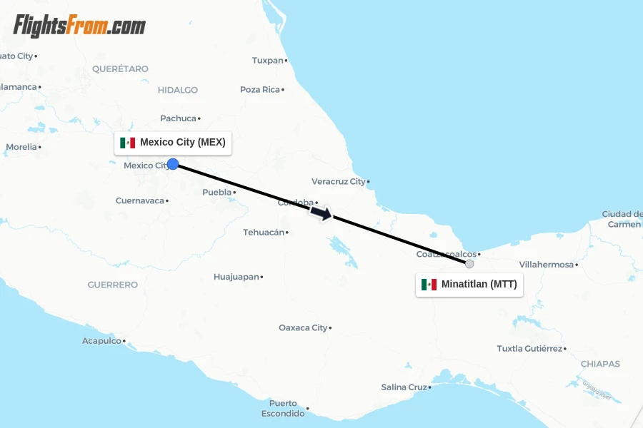 Flights from Mexico City to Minatitlan route map