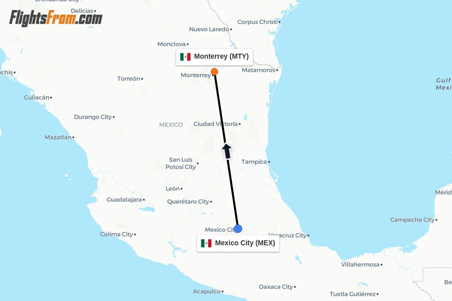 Flights from Mexico City to Monterrey route map