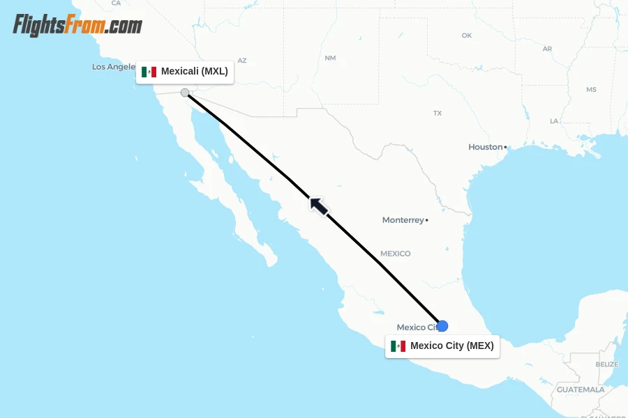 Flights from Mexico City to Mexicali route map