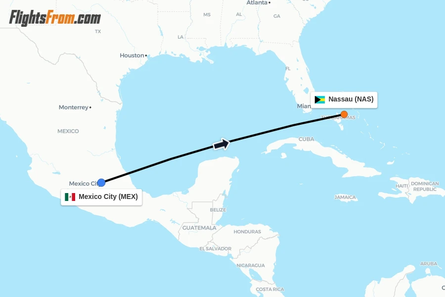 Flights from Mexico City to Nassau route map