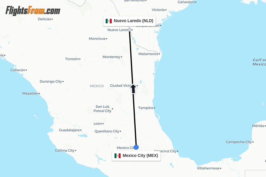 Flights from Mexico City to Nuevo Laredo route map