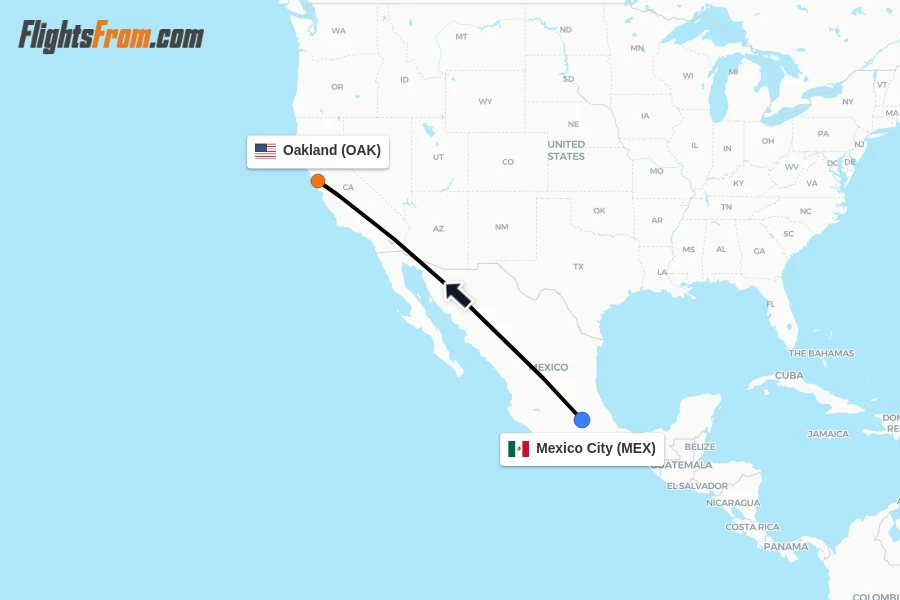 Flights from Mexico City to Oakland route map