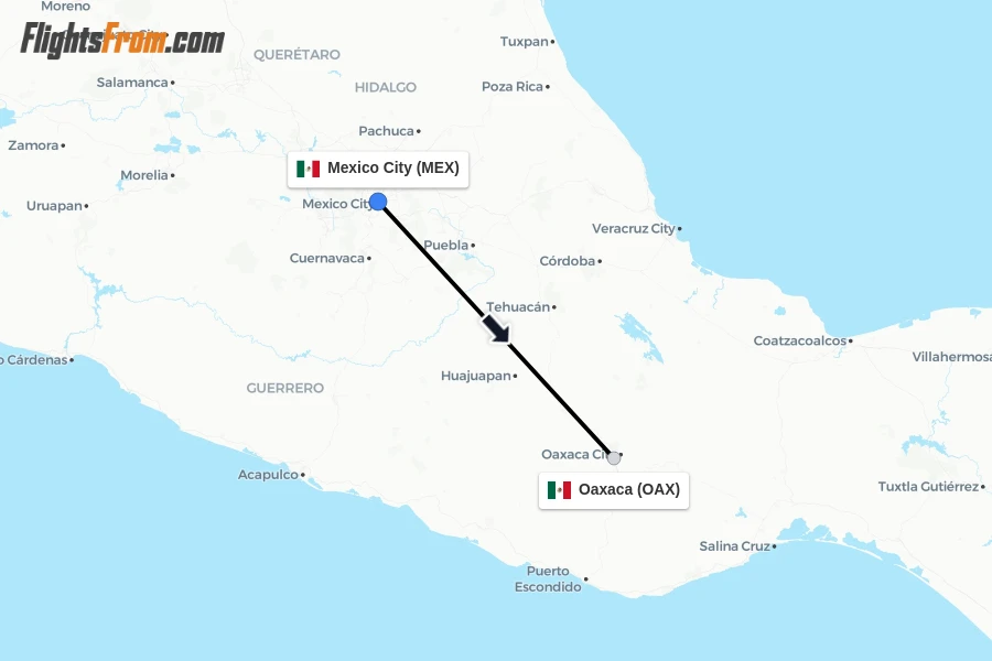 Flights from Mexico City to Oaxaca route map