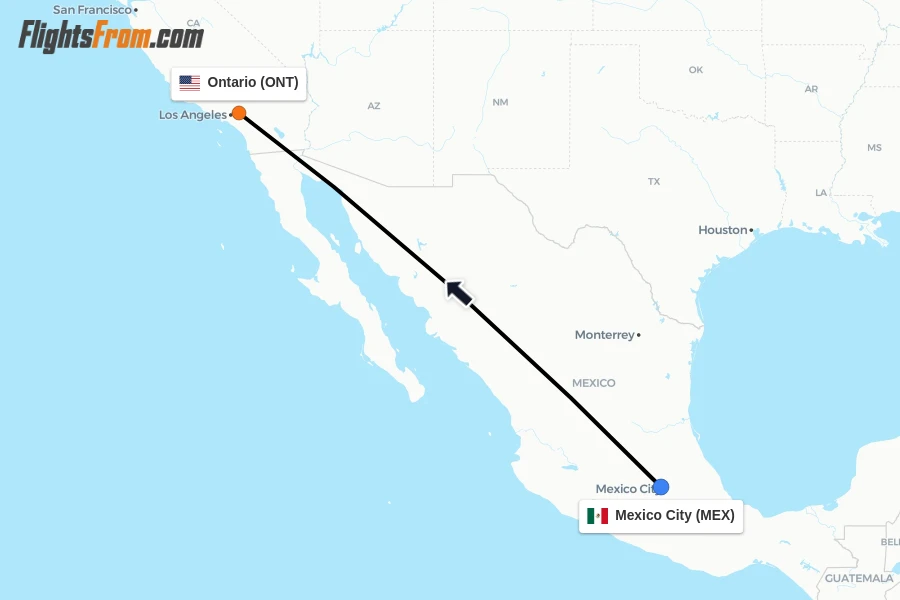 Flights from Mexico City to Ontario route map