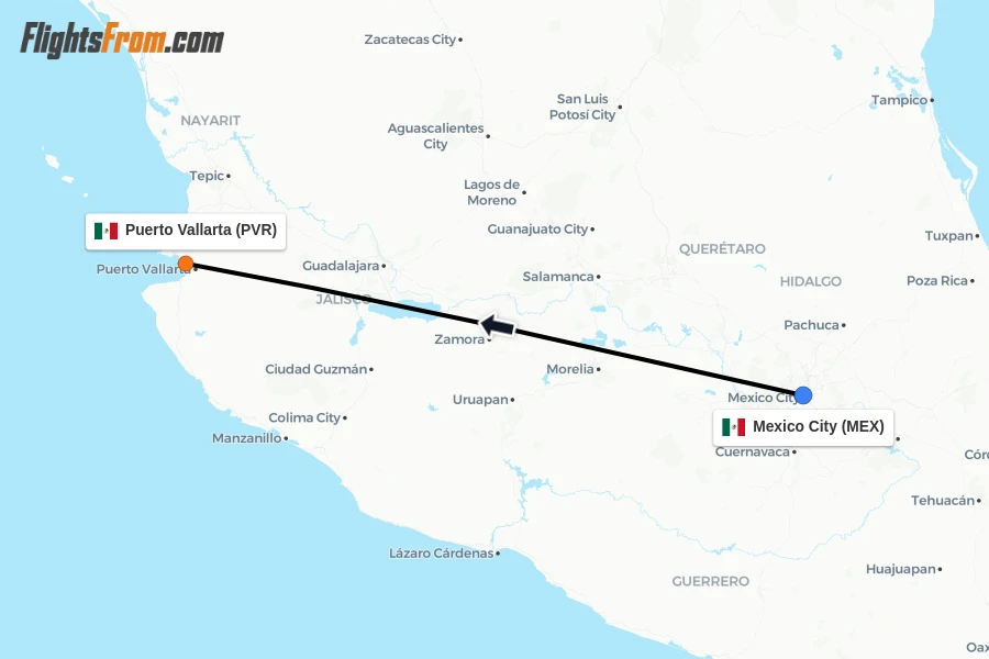 Flights from Mexico City to Puerto Vallarta route map