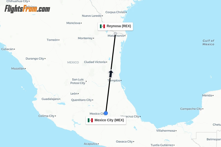 Flights from Mexico City to Reynosa route map