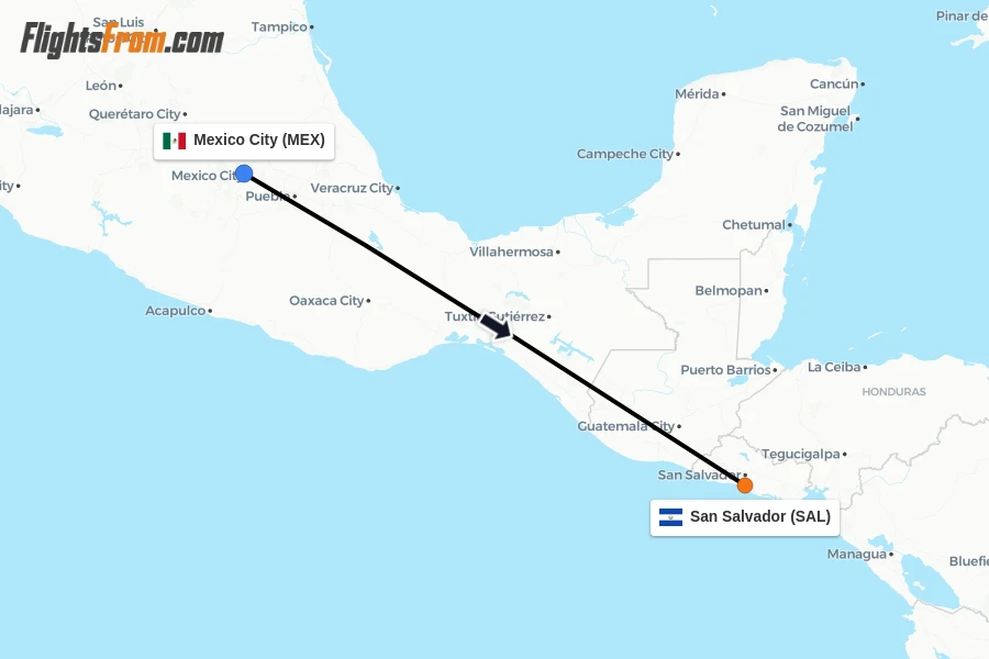 Flights from Mexico City to San Salvador route map