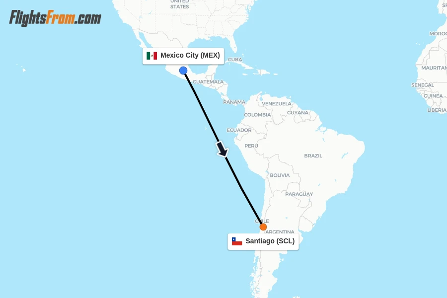 Flights from Mexico City to Santiago route map