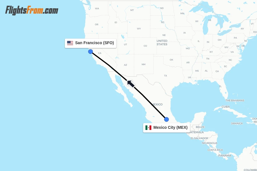 Flights from Mexico City to San Francisco route map