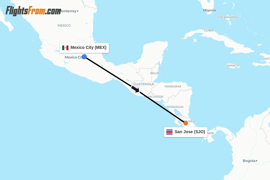 Flights from Mexico City to San Jose route map
