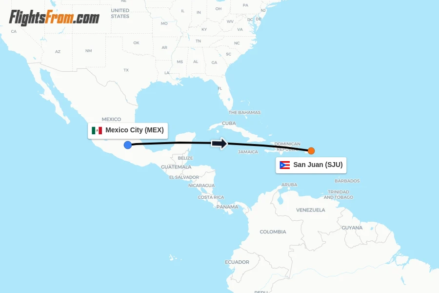 Flights from Mexico City to San Juan route map