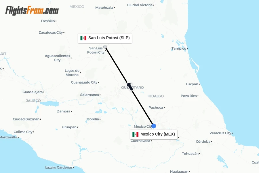 Flights from Mexico City to San Luis Potosi route map