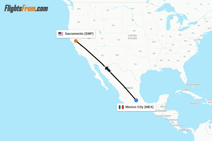 Flights from Mexico City to Sacramento route map