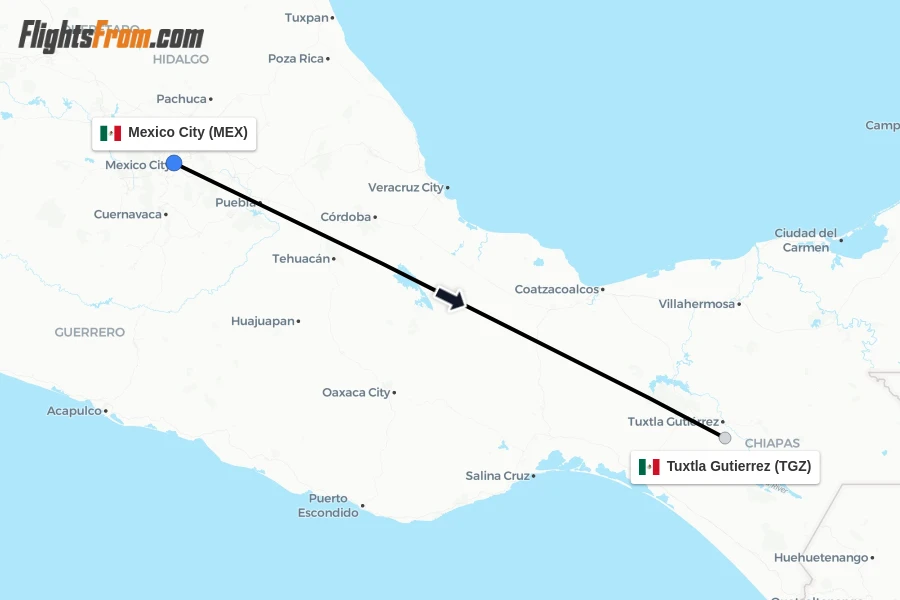 Flights from Mexico City to Tuxtla Gutierrez route map