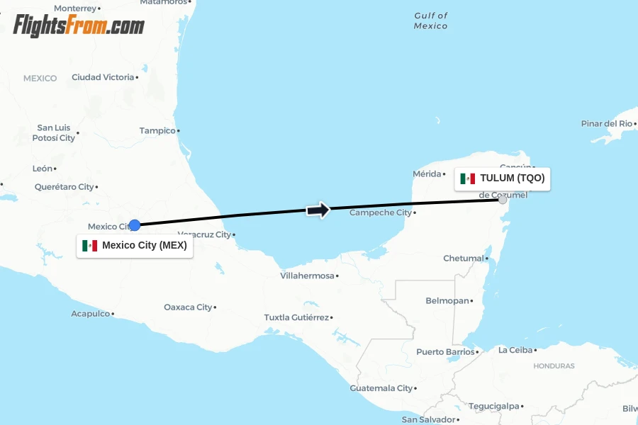 Flights from Mexico City to TULUM route map