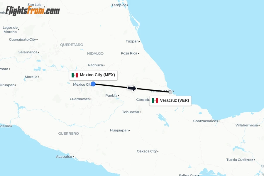 Flights from Mexico City to Veracruz route map