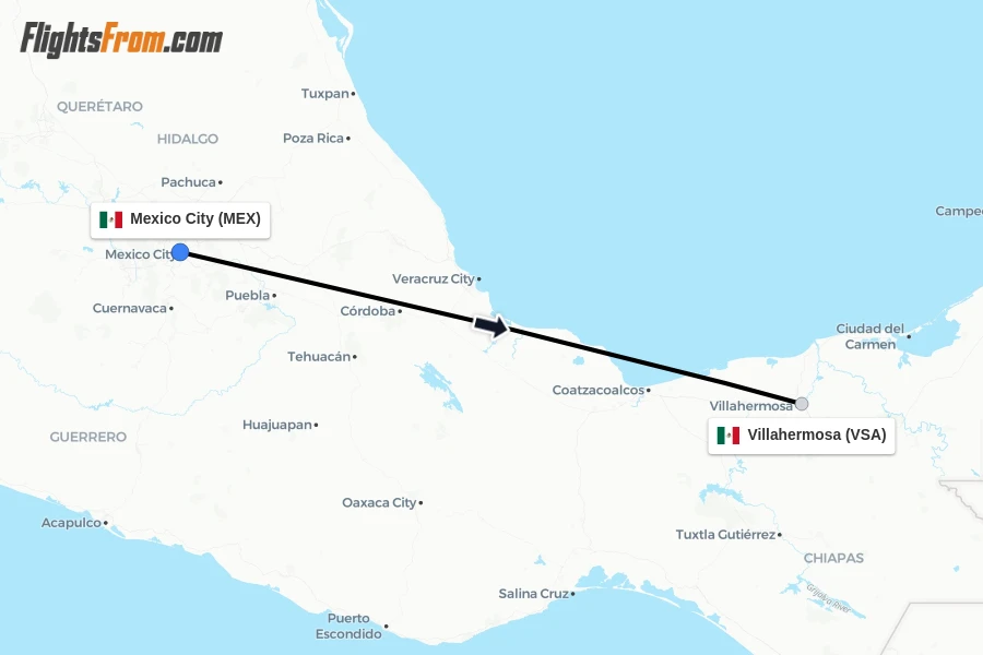 Flights from Mexico City to Villahermosa route map