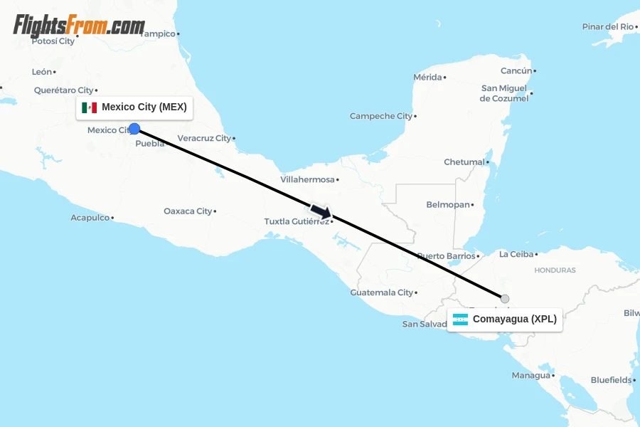 Flights from Mexico City to Comayagua route map