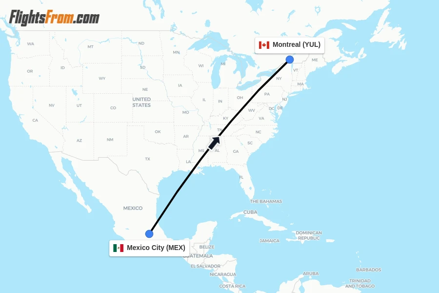 Flights from Mexico City to Montreal route map