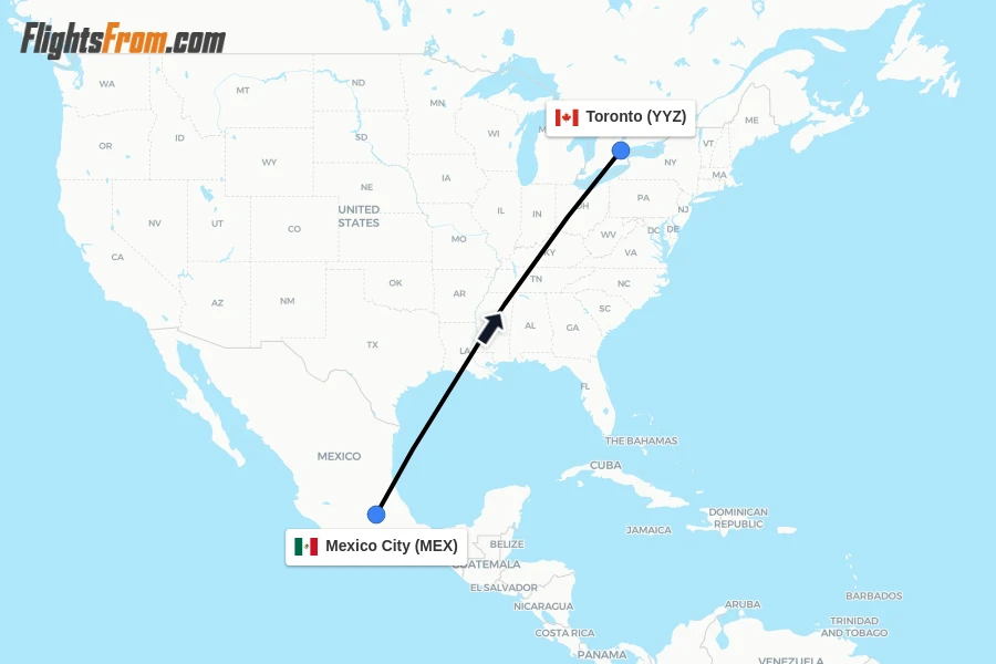 Flights from Mexico City to Toronto route map