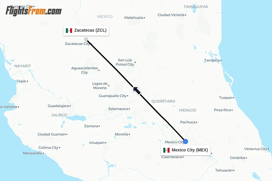 Flights from Mexico City to Zacatecas route map
