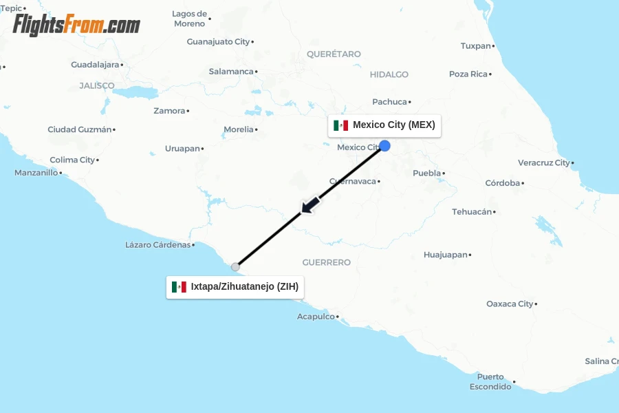 Flights from Mexico City to Ixtapa/Zihuatanejo route map