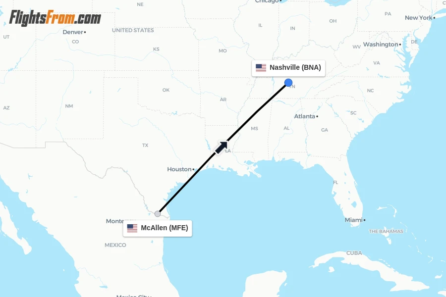 Flights from McAllen to Nashville route map