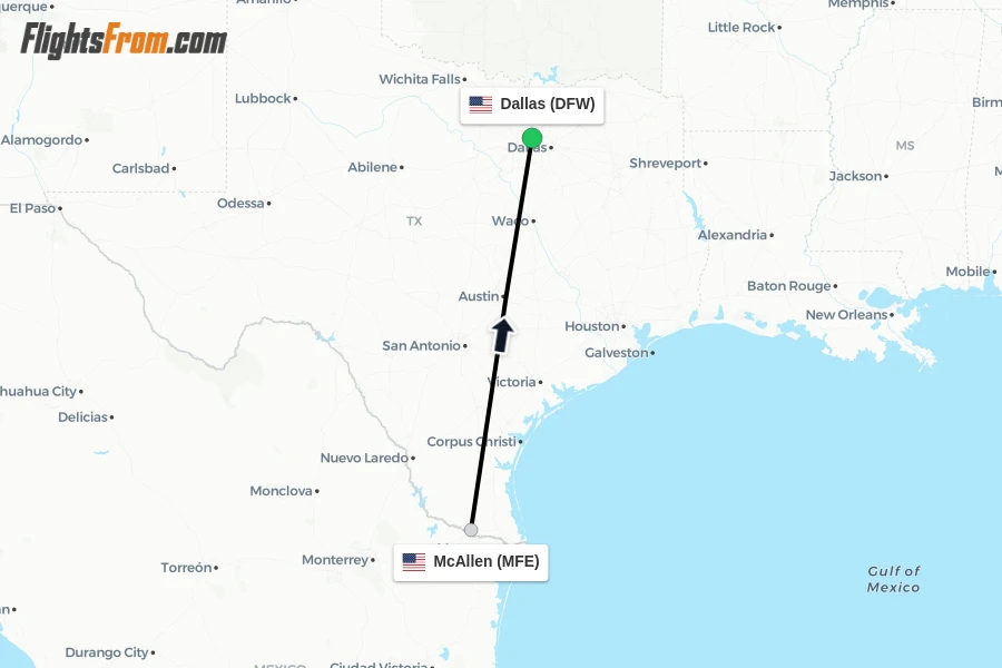 Flights from McAllen to Dallas route map