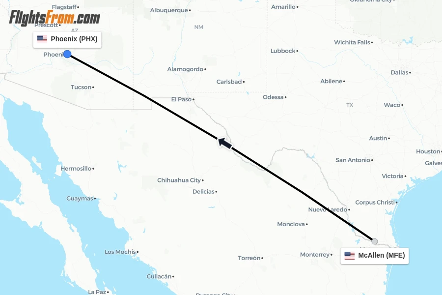 Flights from McAllen to Phoenix route map