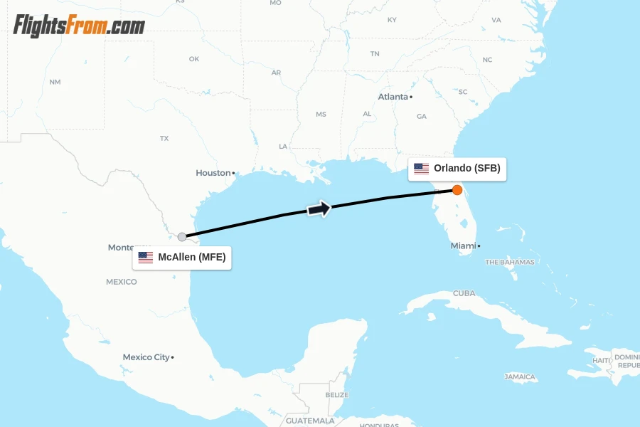 Flights from McAllen to Orlando route map