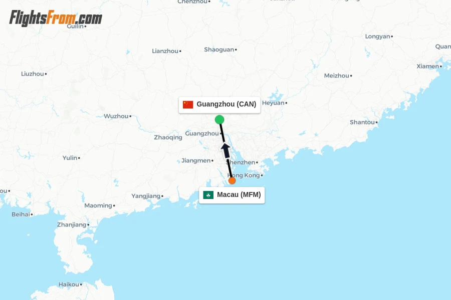 Flights from Macau to Guangzhou route map