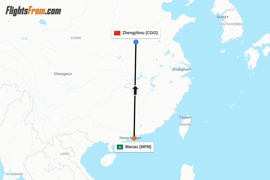 Flights from Macau to Zhengzhou route map