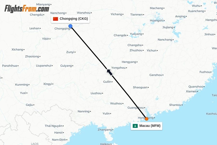 Flights from Macau to Chongqing route map