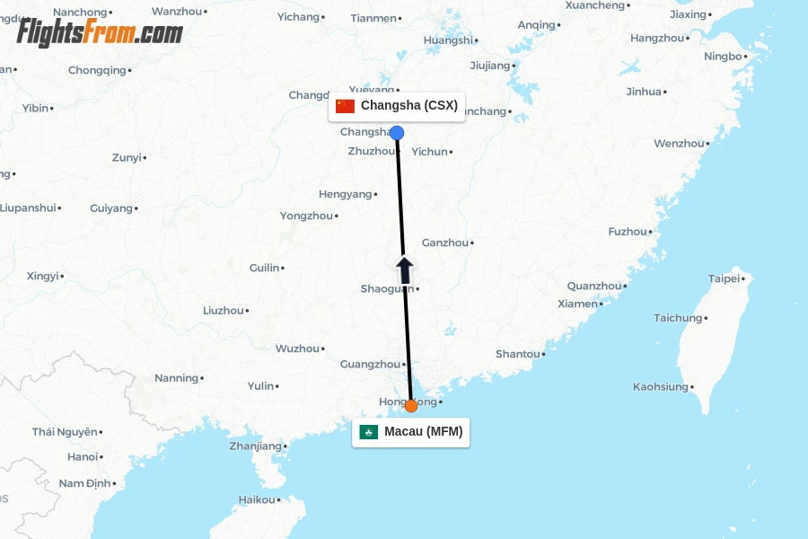 Flights from Macau to Changsha route map