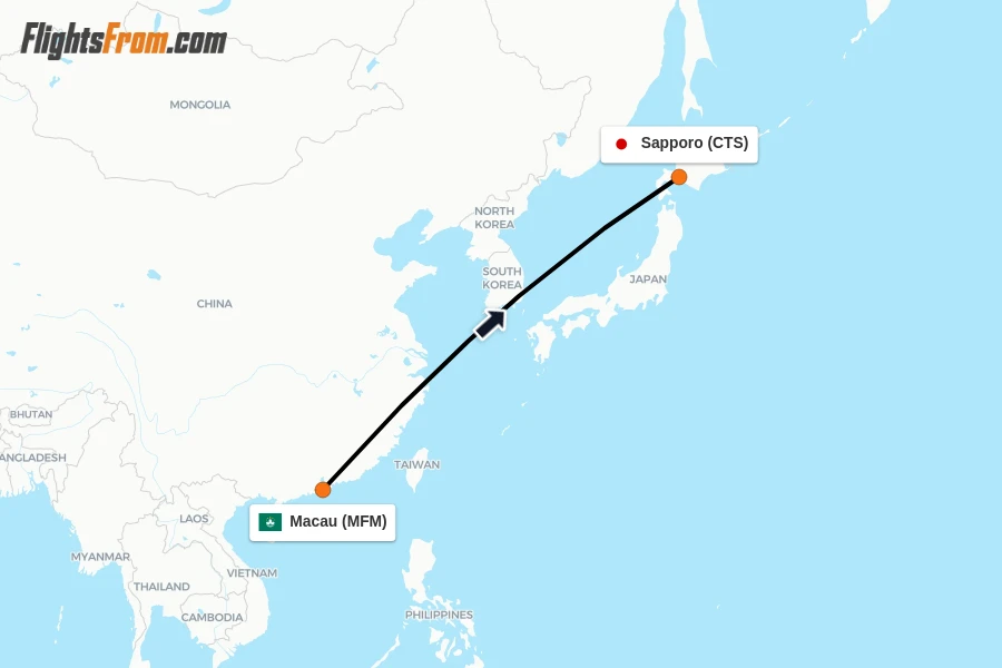 Flights from Macau to Sapporo route map