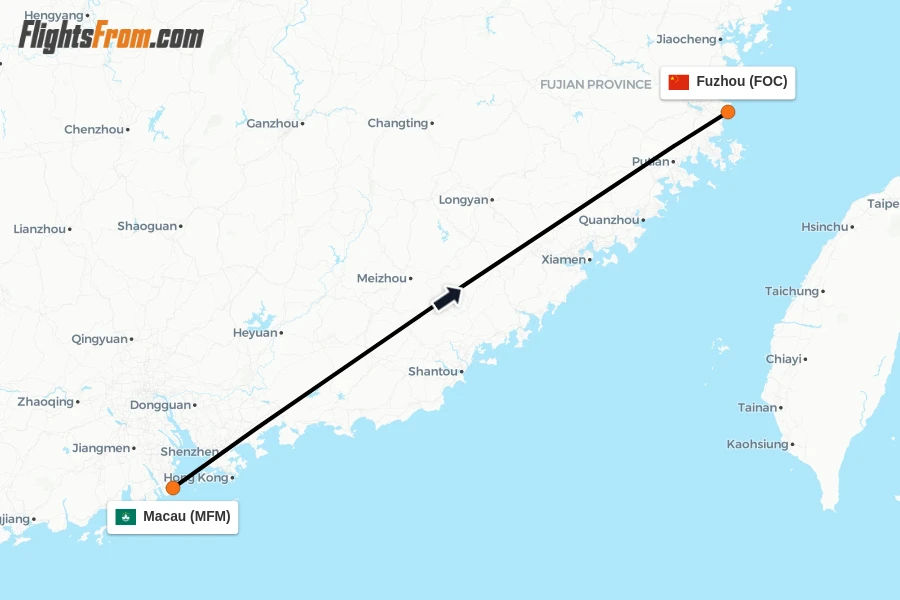 Flights from Macau to Fuzhou route map