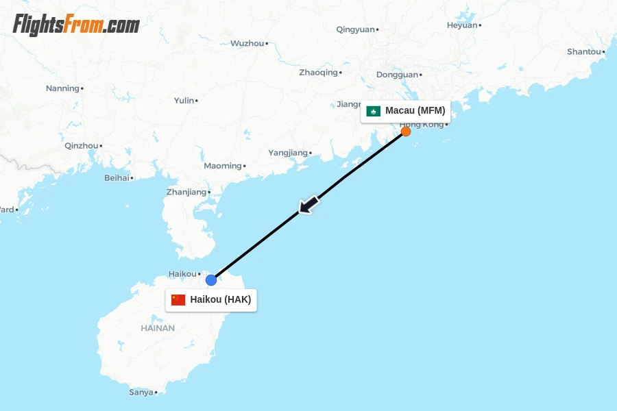 Flights from Macau to Haikou route map