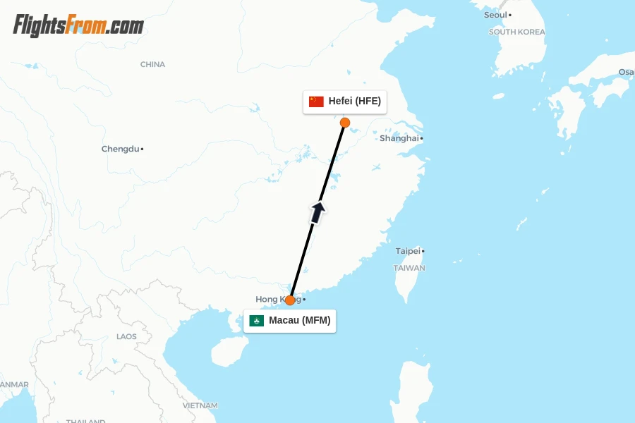 Flights from Macau to Hefei route map