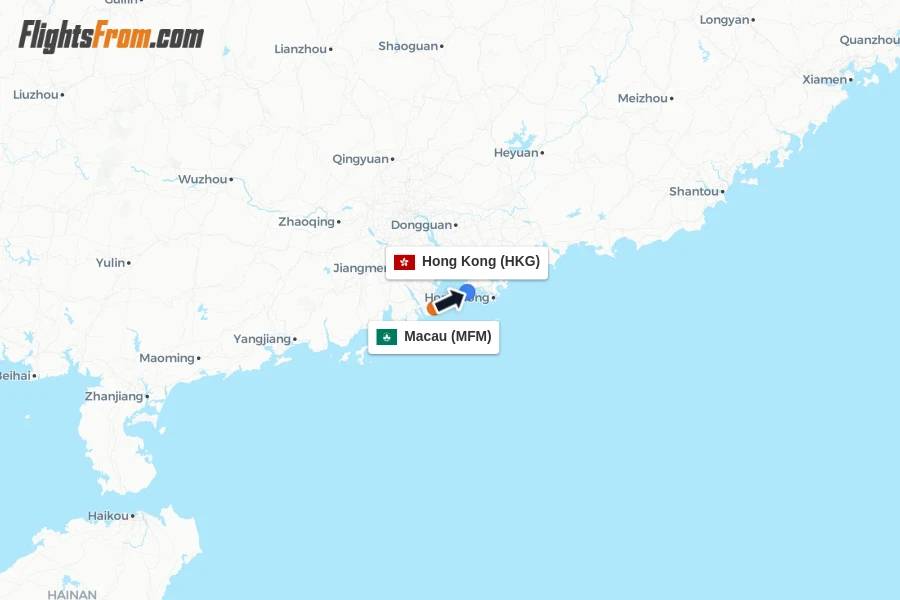 Flights from Macau to Hong Kong route map