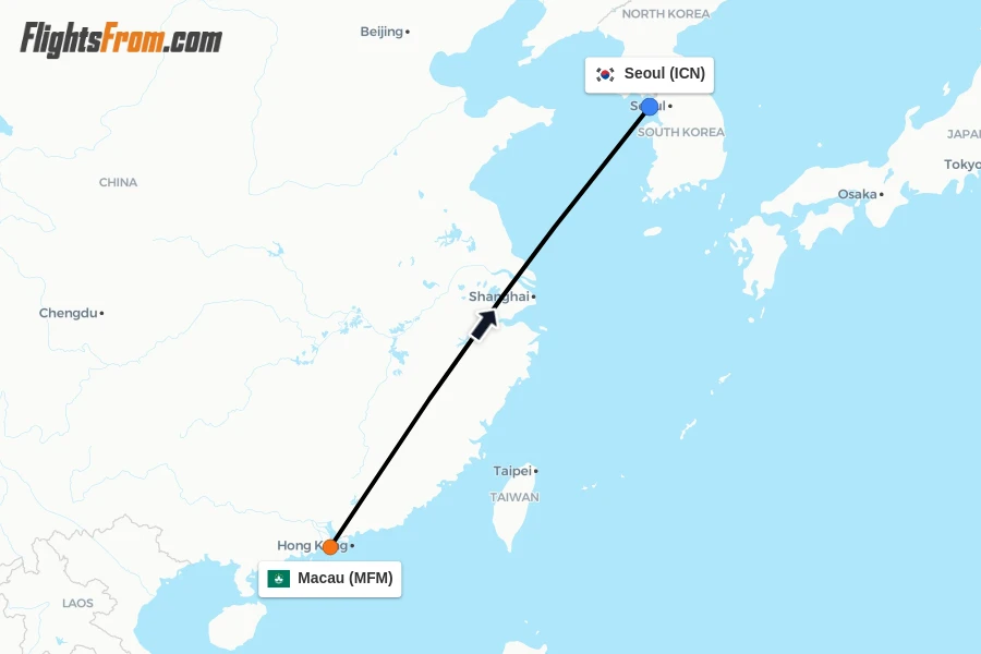 Flights from Macau to Seoul route map