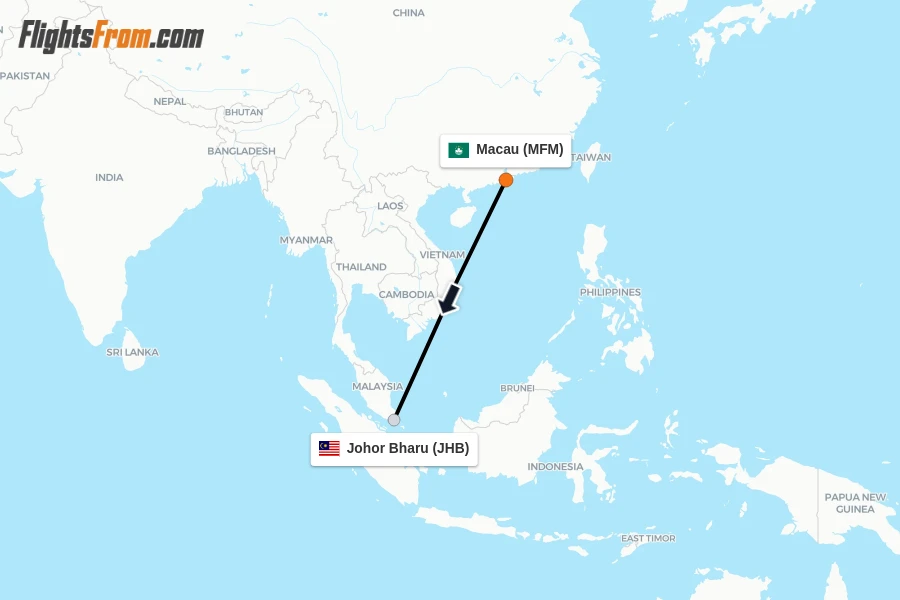 Flights from Macau to Johor Bharu route map