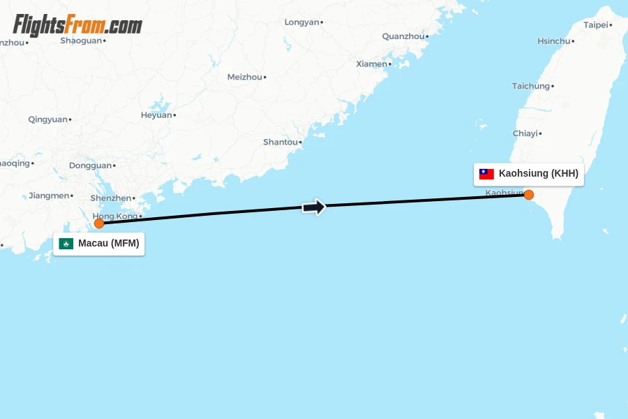 Flights from Macau to Kaohsiung route map