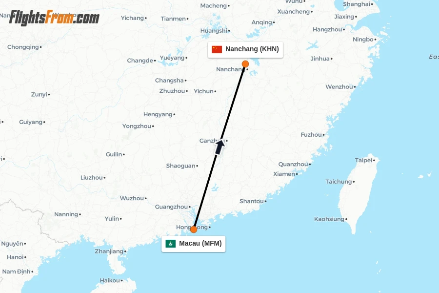 Flights from Macau to Nanchang route map