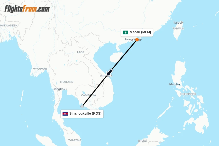 Flights from Macau to Sihanoukville route map