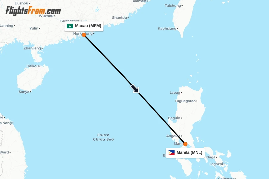 Flights from Macau to Manila route map